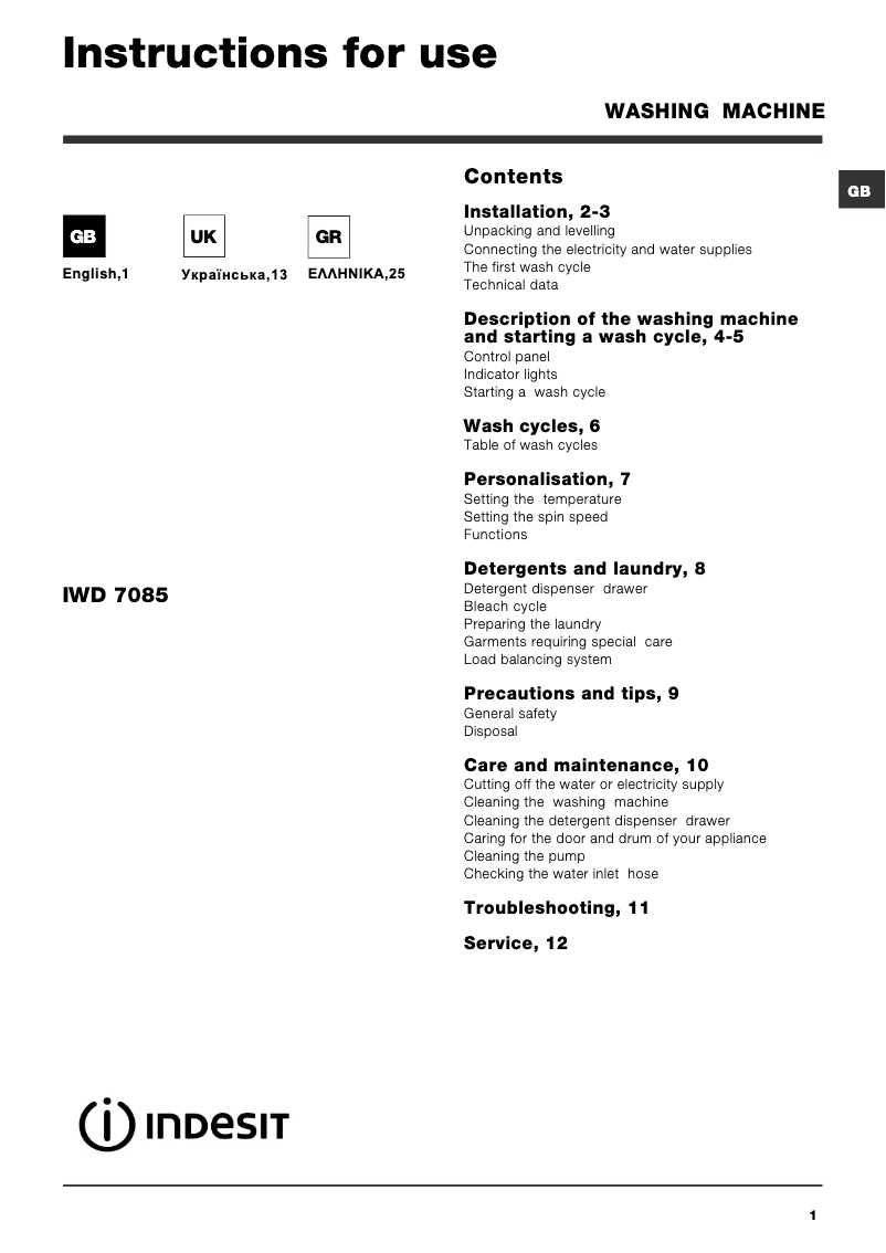 Page 1 de la notice Manuel utilisateur Indesit IWD 7085 B