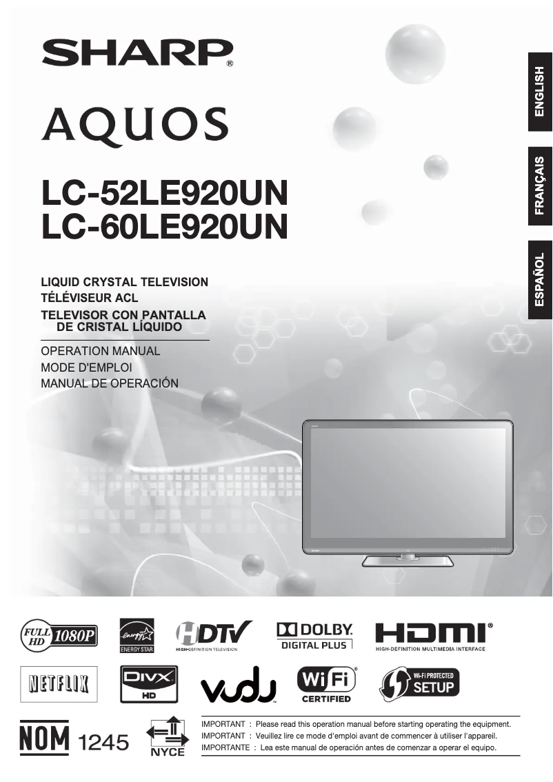 Page n°1 - Manuel utilisateur Sharp Aquos LC-52LE920UN