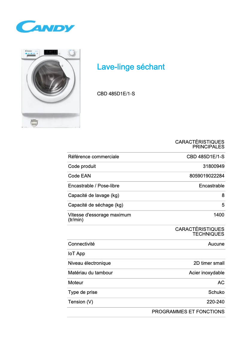 Page n°1 - Fiche technique Candy CBD 485D1E/1-S