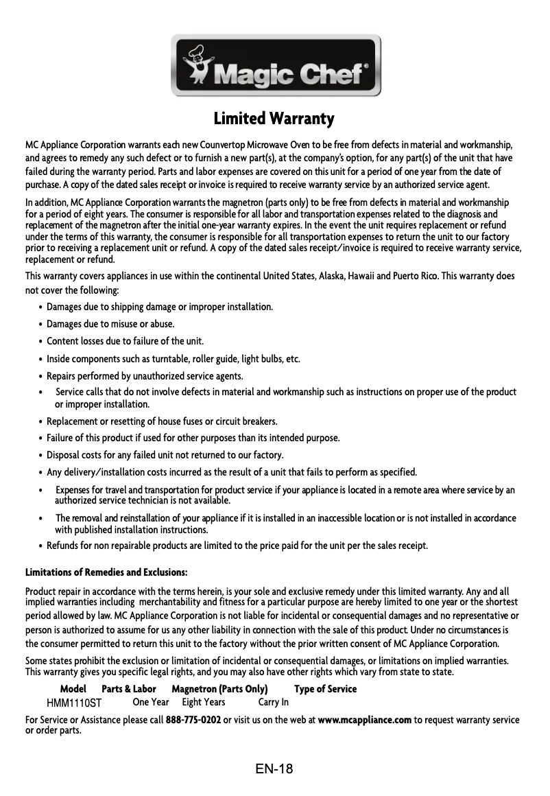 Page 1 de la notice Informations de garantie Magic Chef HMM1110ST