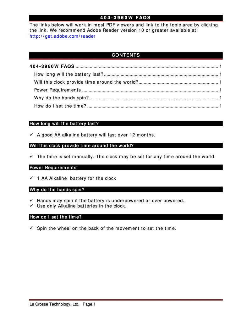 Page 1 de la notice FAQ La Crosse Technology 404-3960W