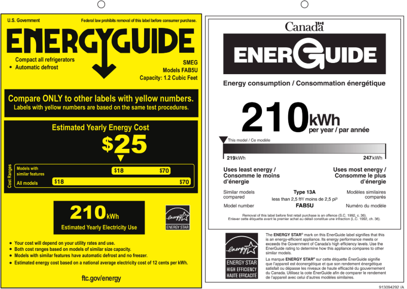 Page 1 de la notice Label énergétique Smeg FAB5ULCR3
