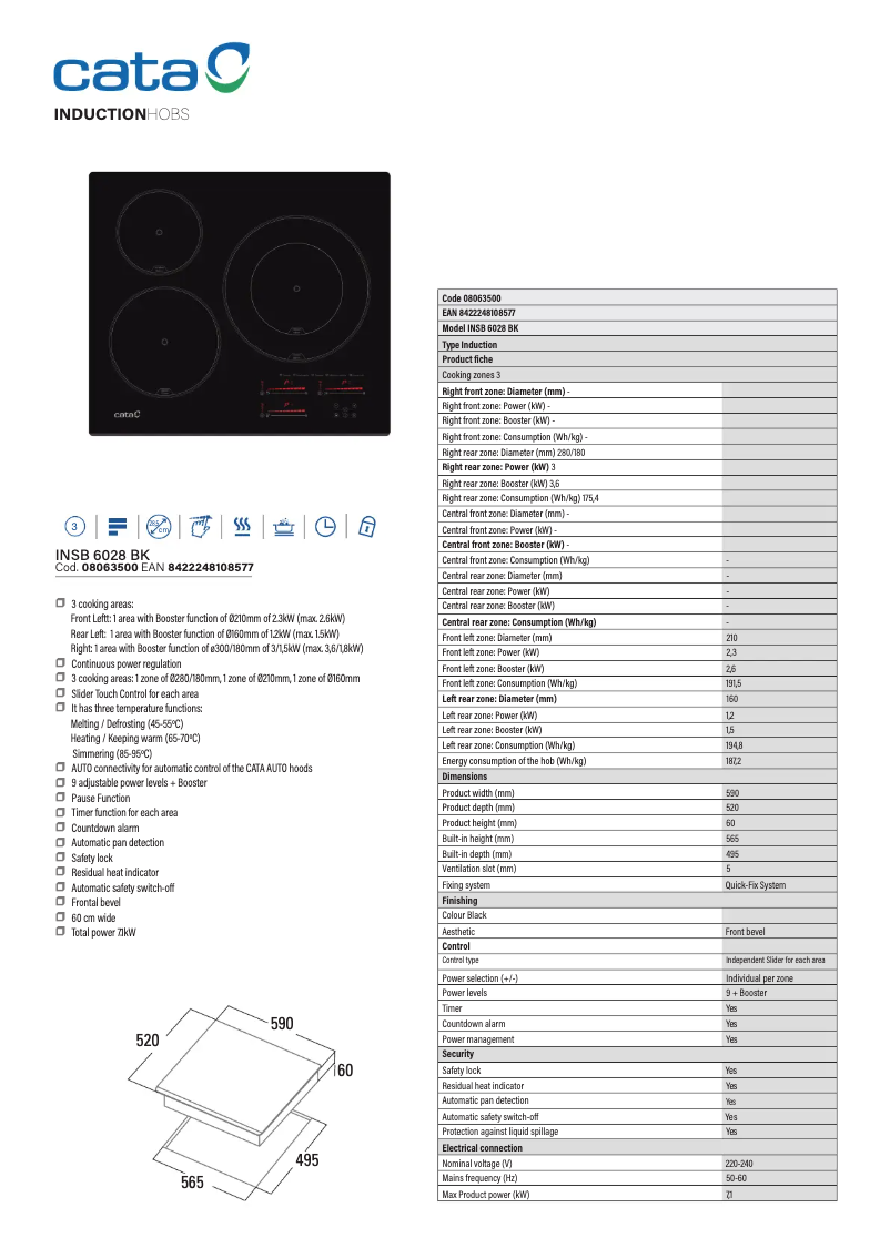 Page 1 de la notice Fiche technique CATA INSB 6028 BK