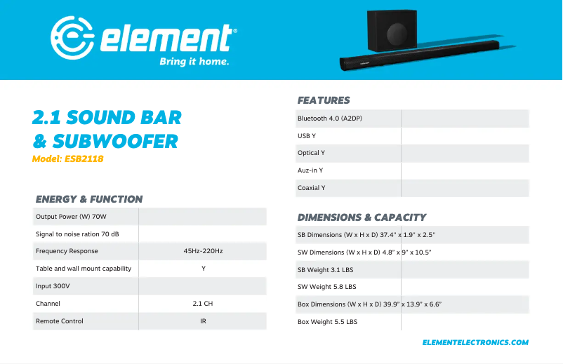Page 1 de la notice Fiche technique Element ESB2118