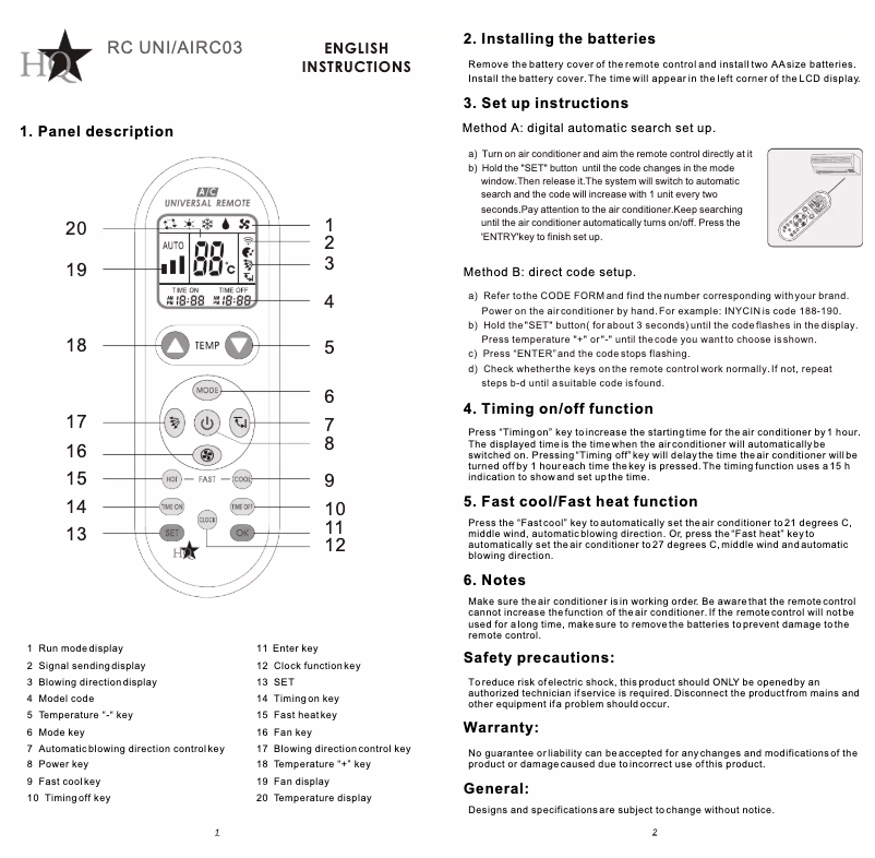 Page 1 de la notice Manuel utilisateur HQ RC UNI/AIRCO3
