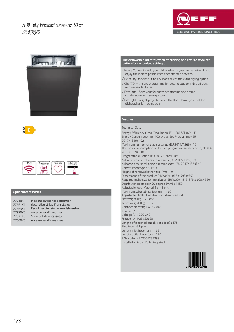 Page 1 de la notice Fiche technique Neff S153ITX02G