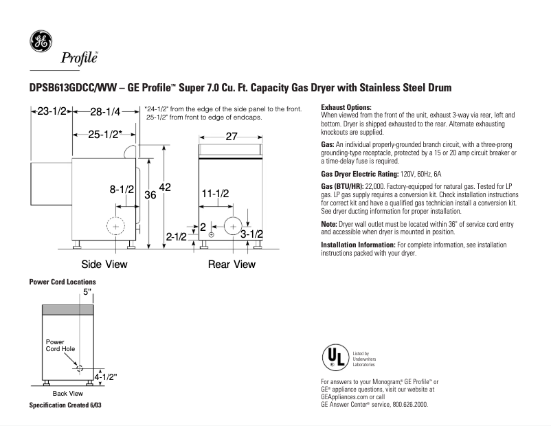Page 1 of the manual Technical Sheet GE Profile DPSB613GDCC