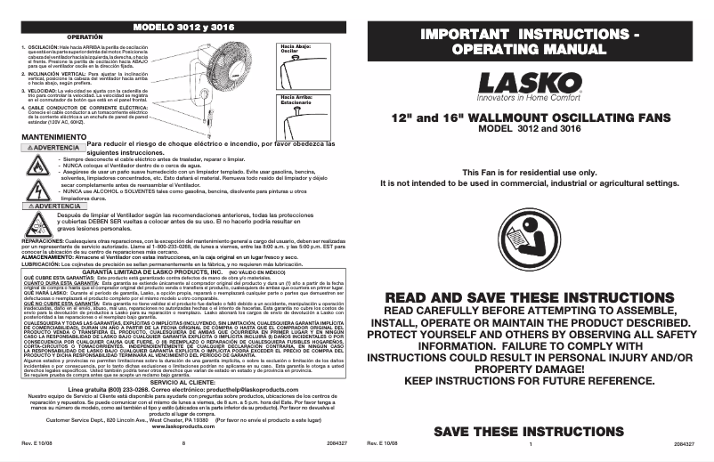 Page 1 de la notice Manuel utilisateur Lasko 3012