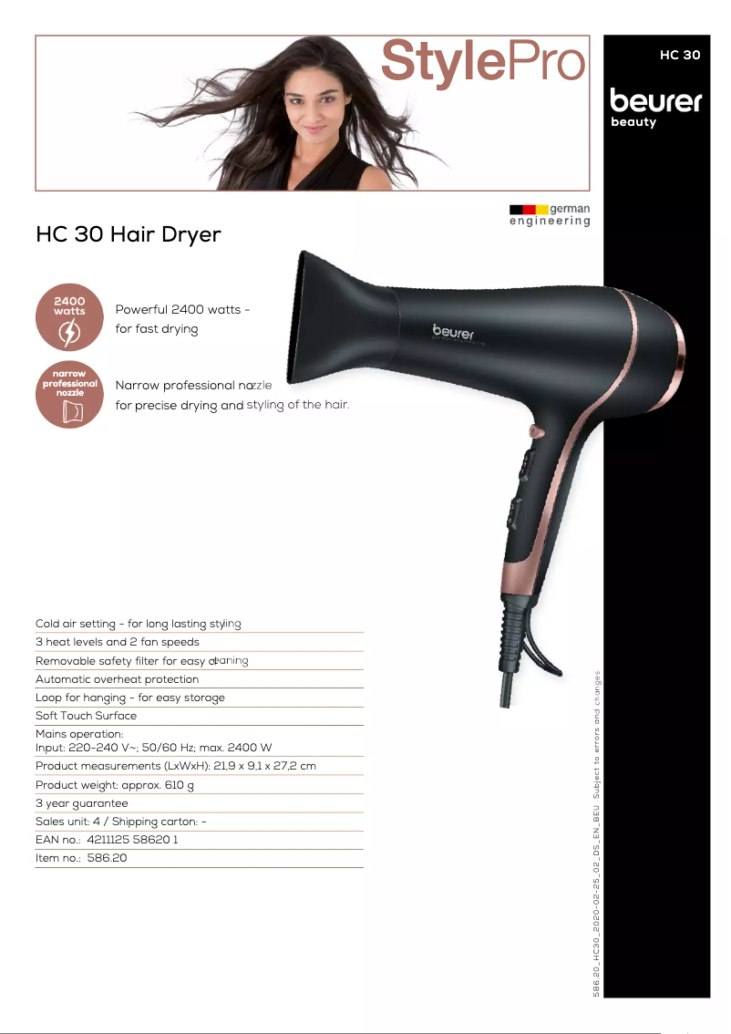 Page 1 de la notice Fiche technique Beurer HC 30