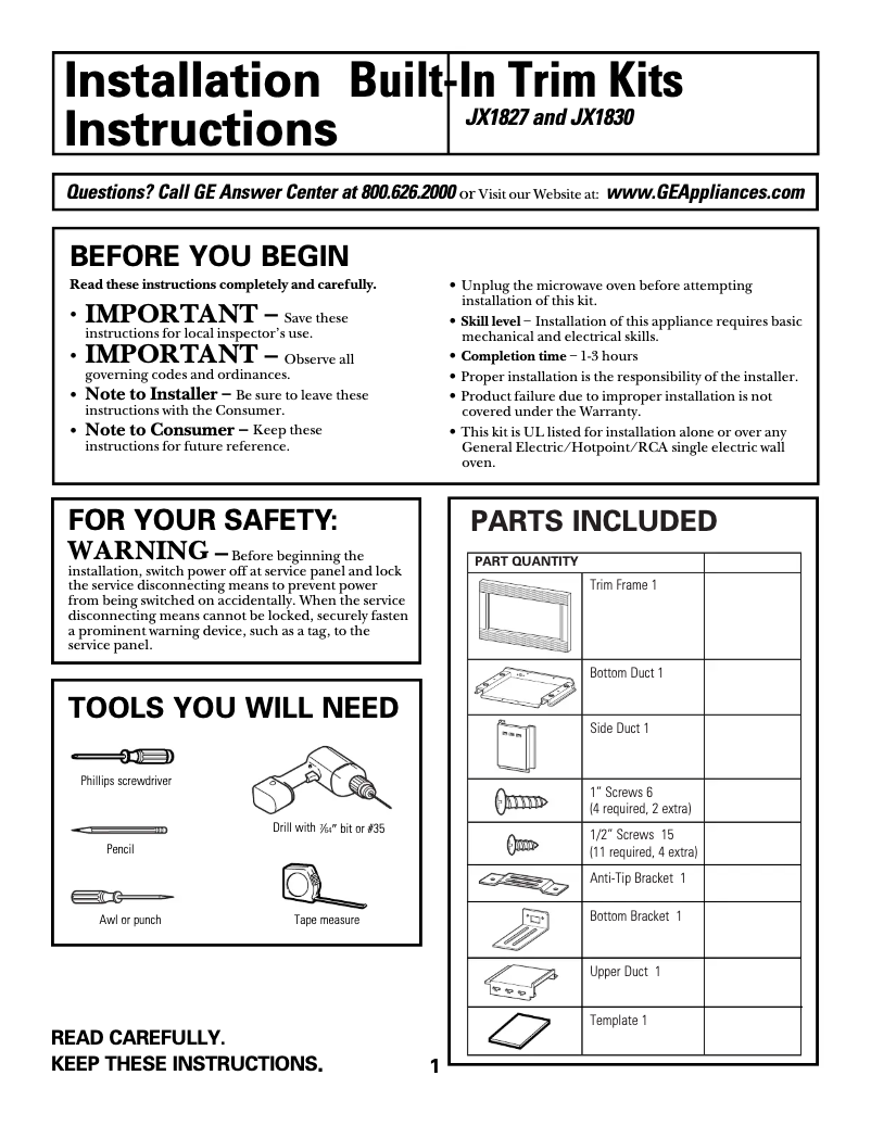 Page 1 de la notice Manuel utilisateur GE JX1830CB