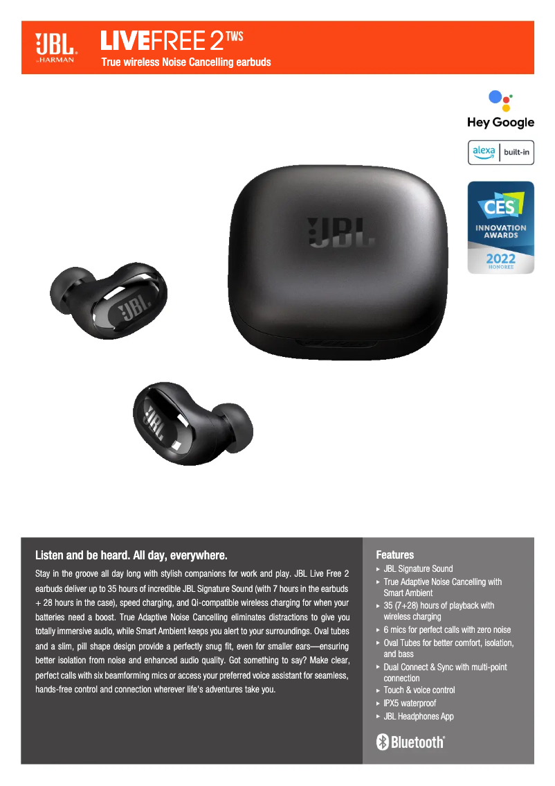 Page 1 de la notice Fiche technique JBL Live Free 2