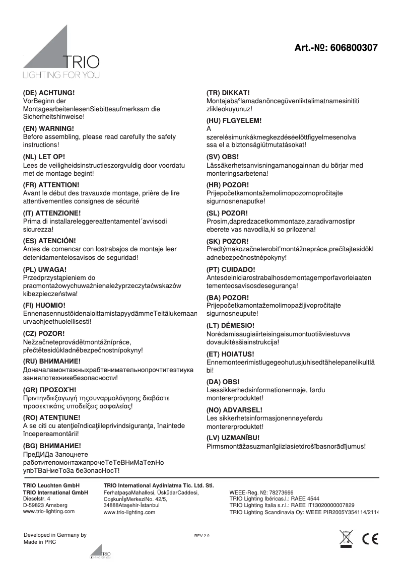 Page n°1 - Manuel utilisateur Trio Lighting Meran 606800307