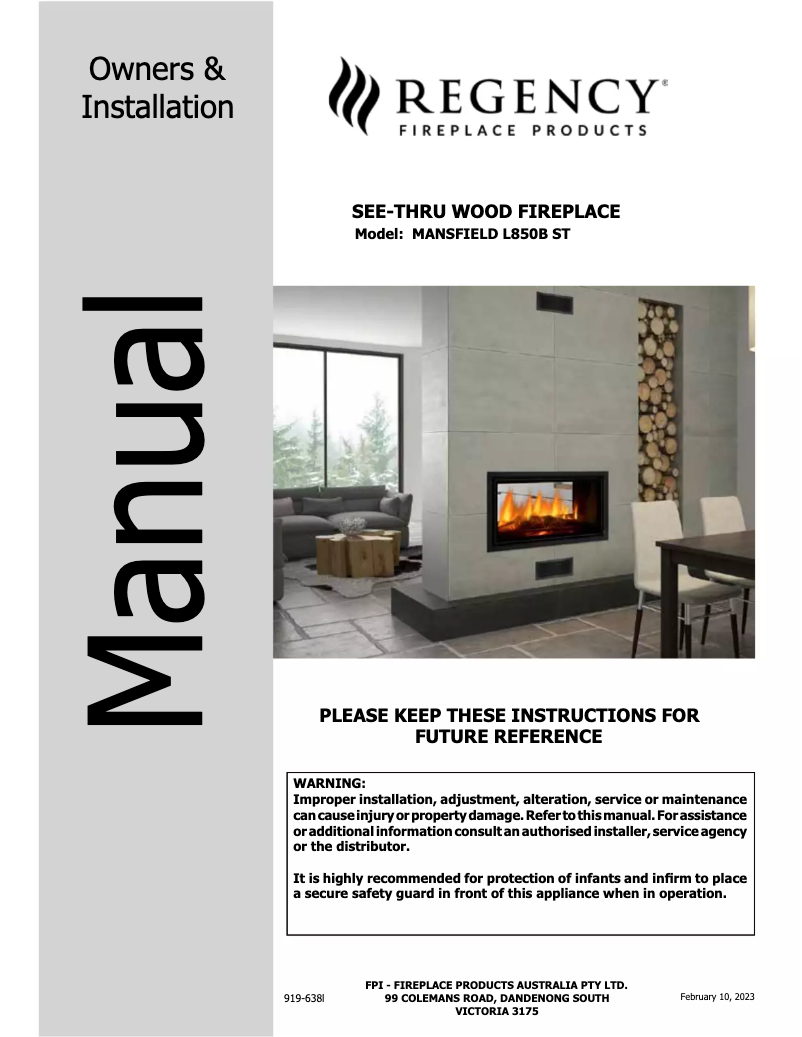 Page 1 de la notice Manuel utilisateur Regency Mansfield L850B ST