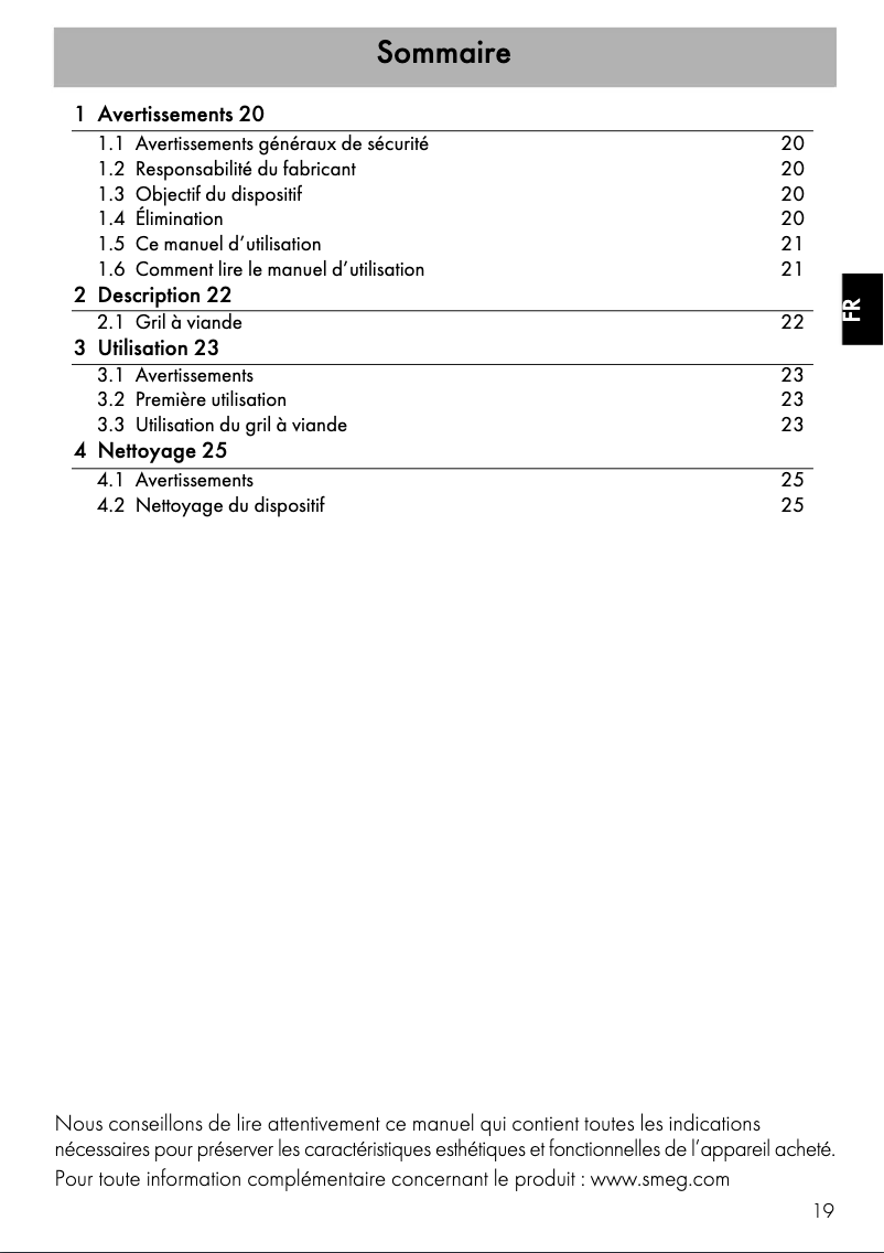 Page 1 de la notice Manuel utilisateur Smeg BGCPF9