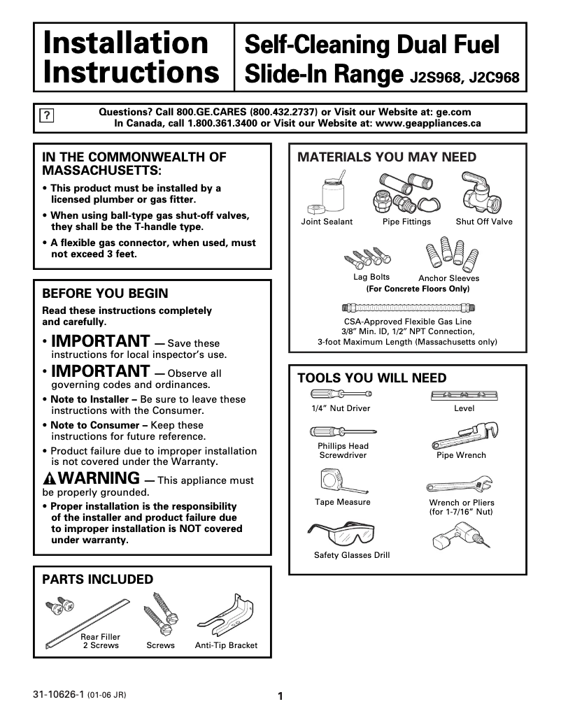 Page n°1 - Guide d'installation GE J2S968SHSS