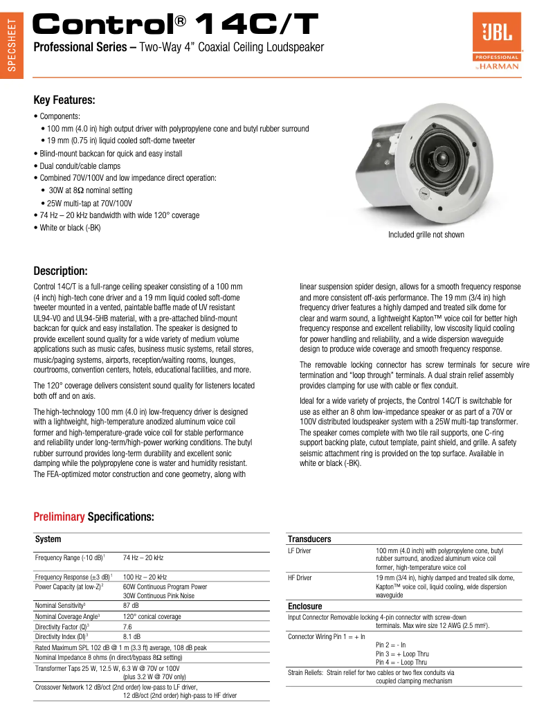 Page n°1 - Fiche technique JBL Control 14C/T