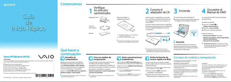 Page n°1 - Guide d'installation Sony Vaio VPCSB1BGX