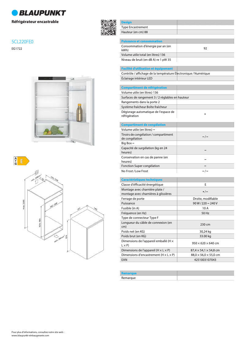 Page n°1 - Fiche technique Blaupunkt 5CL220FE0