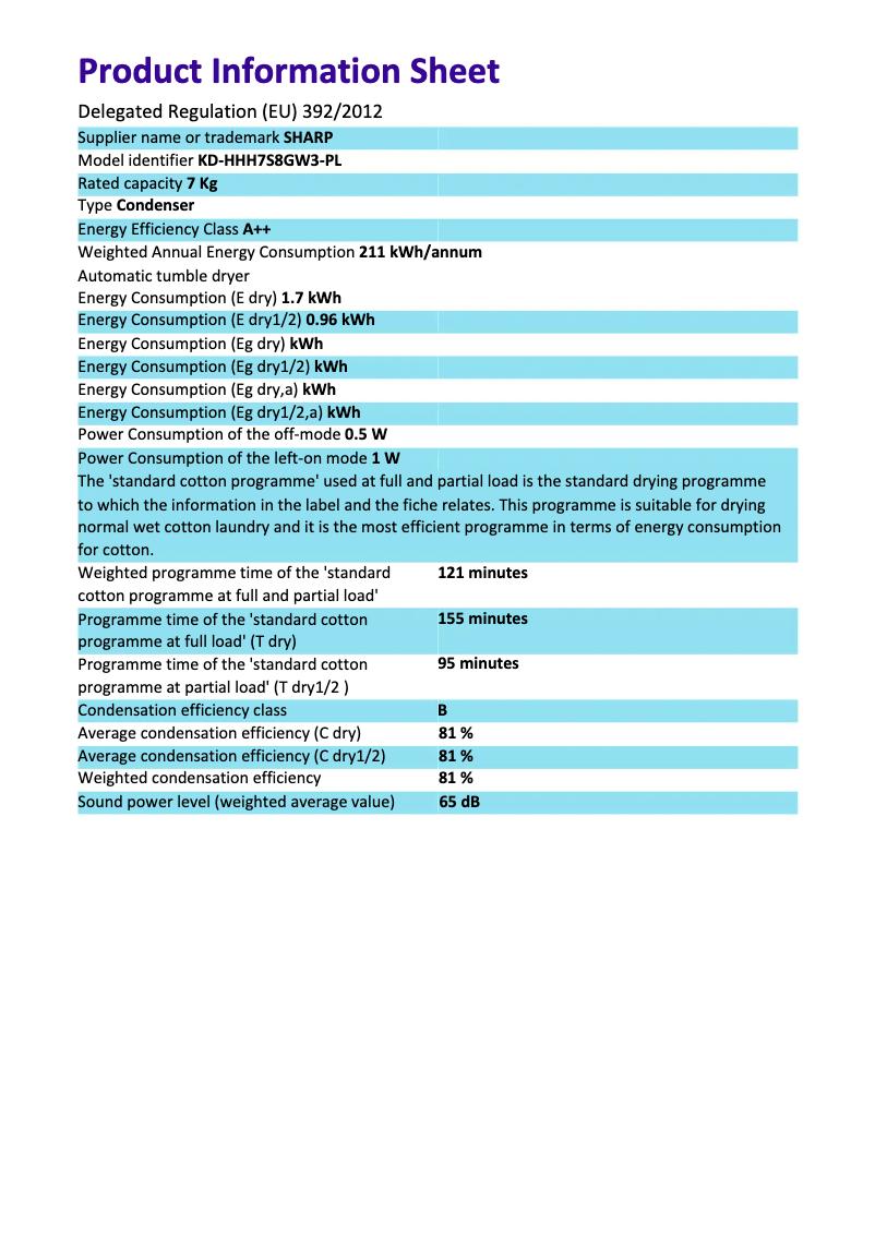 Page 1 de la notice Manuel utilisateur Sharp KD-HHH7S8GW3-PL