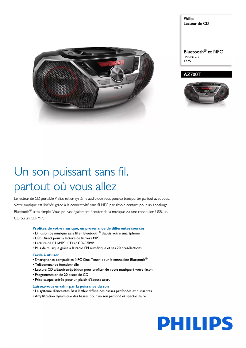 Page 1 de la notice Fiche technique Philips AZ700T