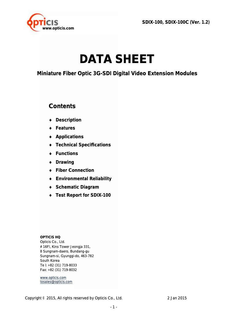 Page 1 de la notice Manuel utilisateur Opticis SDIX-100-TR