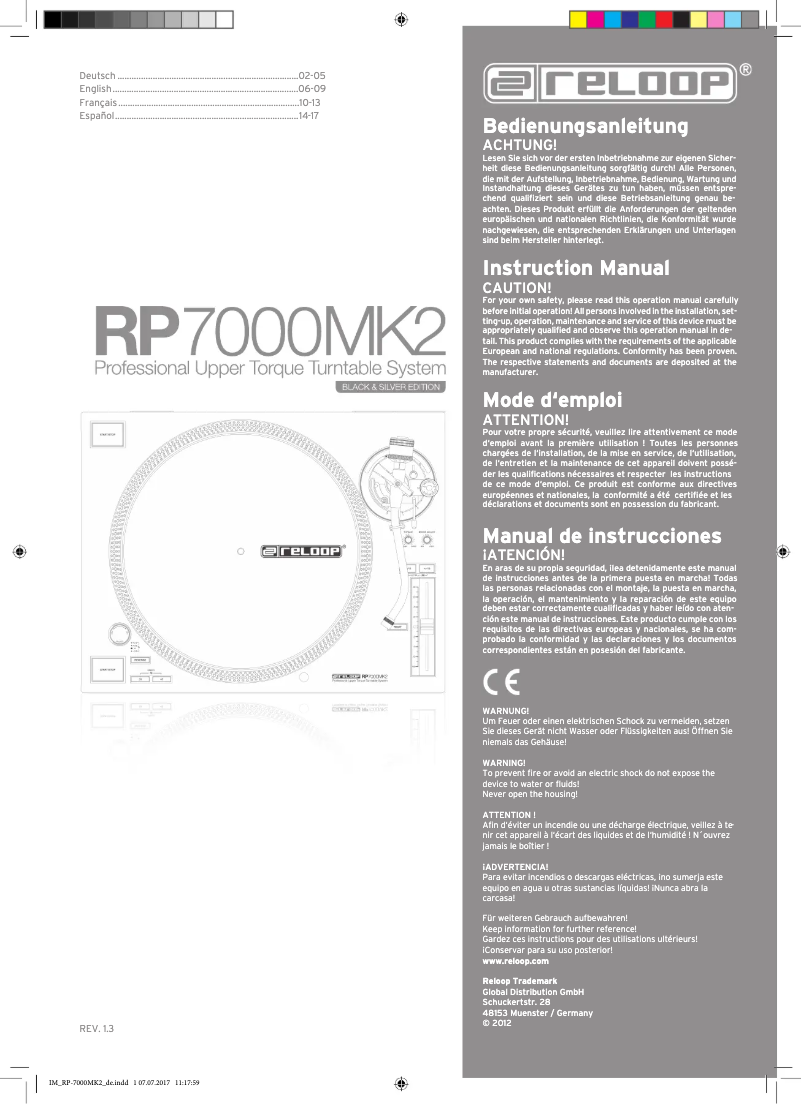 Page 1 de la notice Manuel utilisateur Reloop RP-7000 MK2