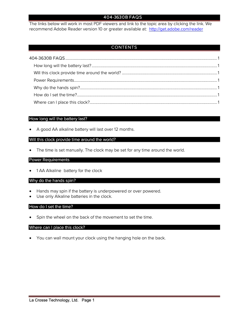 Page 1 de la notice FAQ La Crosse Technology 404-3630B