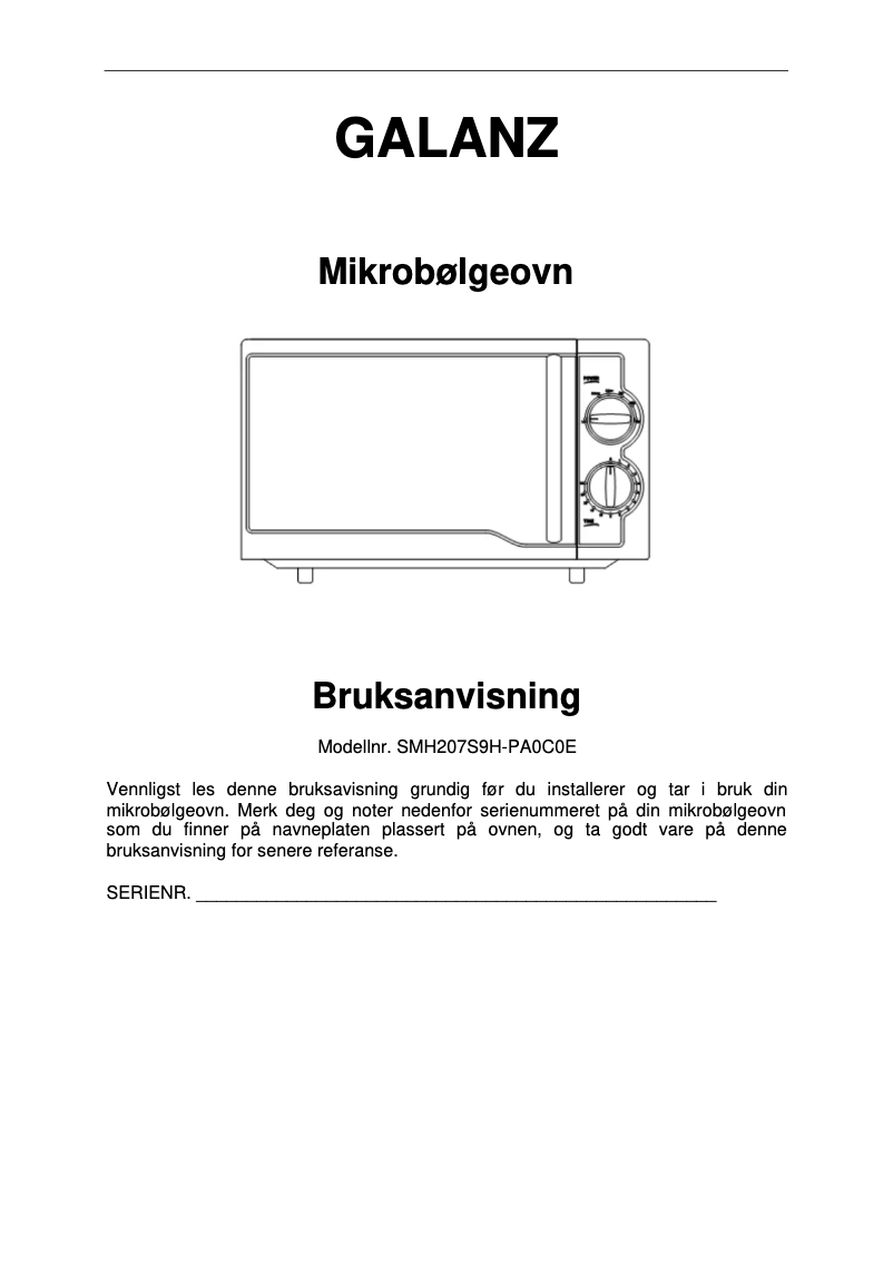 Page 1 de la notice Manuel utilisateur Galanz SMH207S9H-PA0C0E