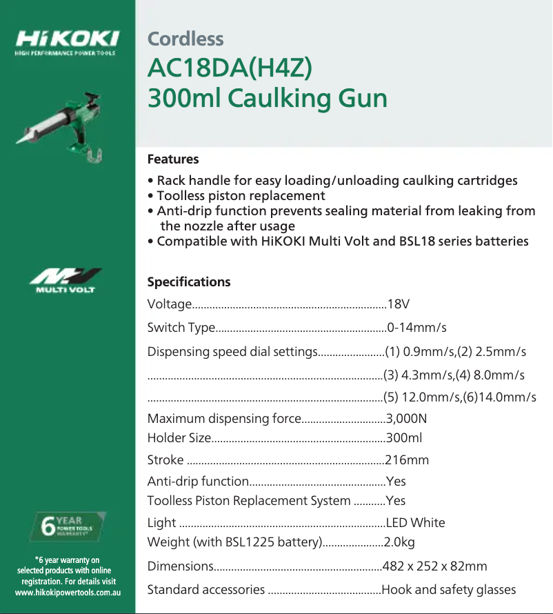 Page 1 de la notice Fiche technique HiKOKI AC18DA