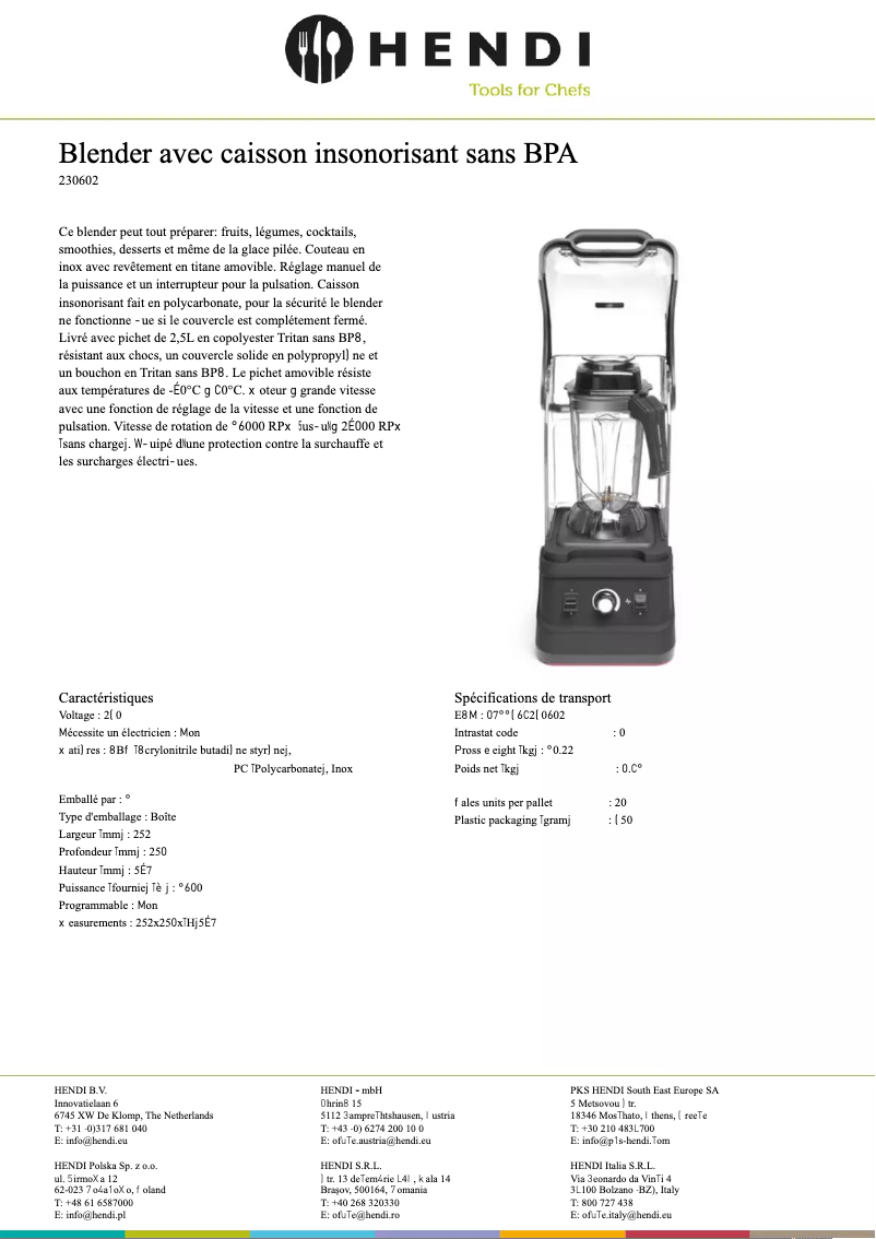 Page 1 de la notice Fiche technique Hendi 230602