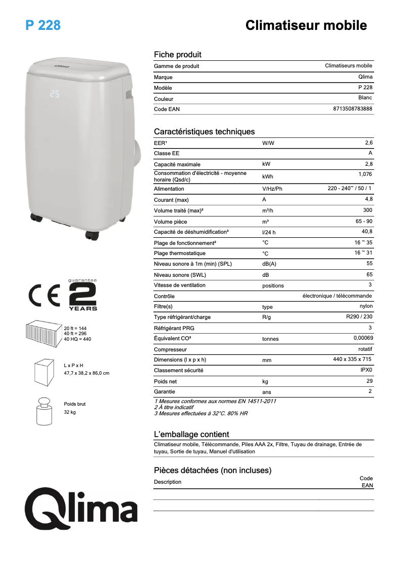 Page 1 of the manual Technical Sheet Qlima P228