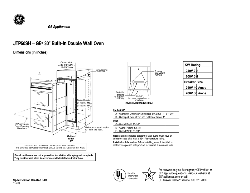 Page 1 of the manual Technical Sheet GE JTP50SHSS