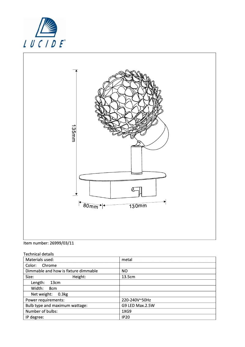 Page 1 de la notice Manuel utilisateur Lucide Kyra 26999/03/11