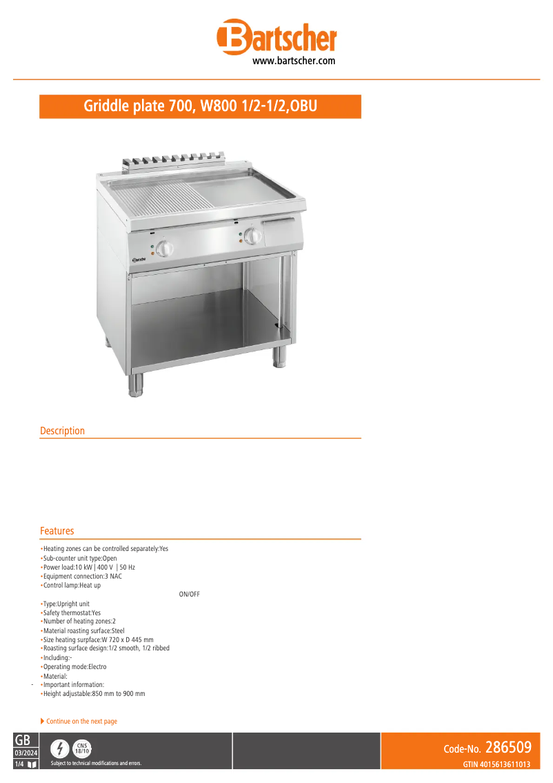 Page 1 de la notice Fiche technique Bartscher 286509