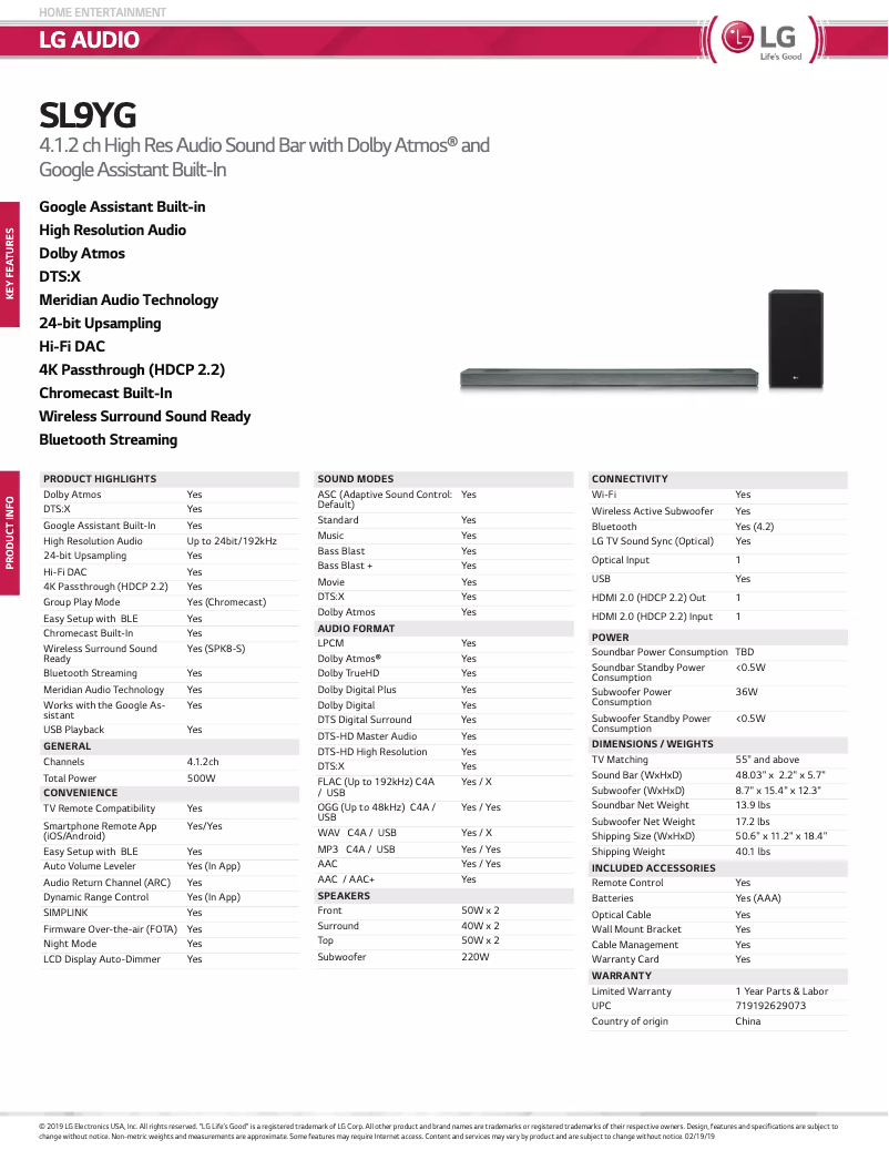 Page 1 de la notice Fiche technique LG SL9YG