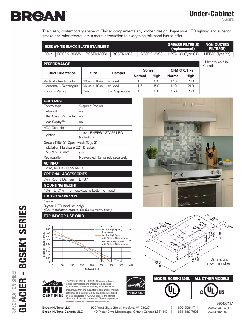 Page n°1 - Fiche technique Broan BCSEK130SL