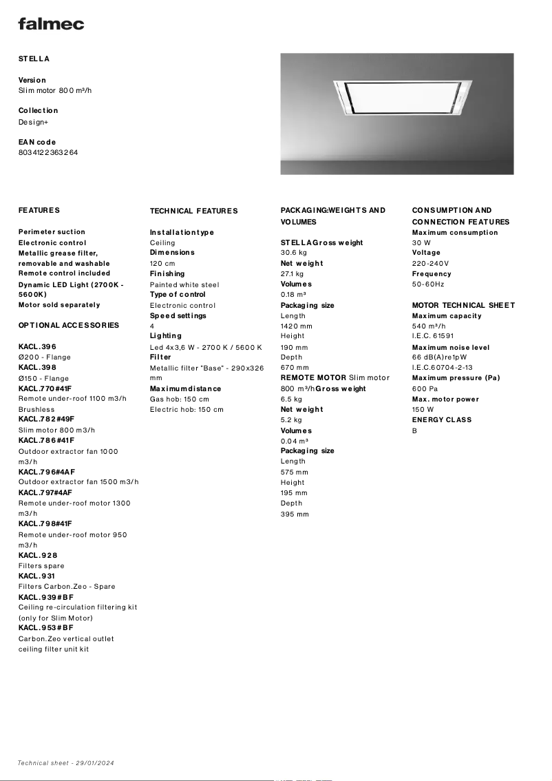 Page n°1 - Fiche technique Falmec Stella