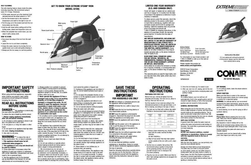 Page 1 de la notice Manuel utilisateur Conair Extreme Steam GI100