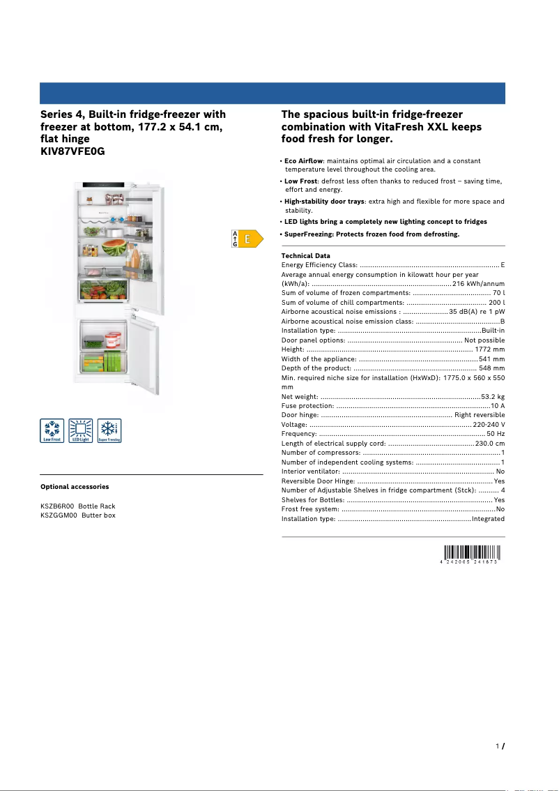 Page n°1 - Fiche technique Bosch Serie 4 KIV87VFE0G