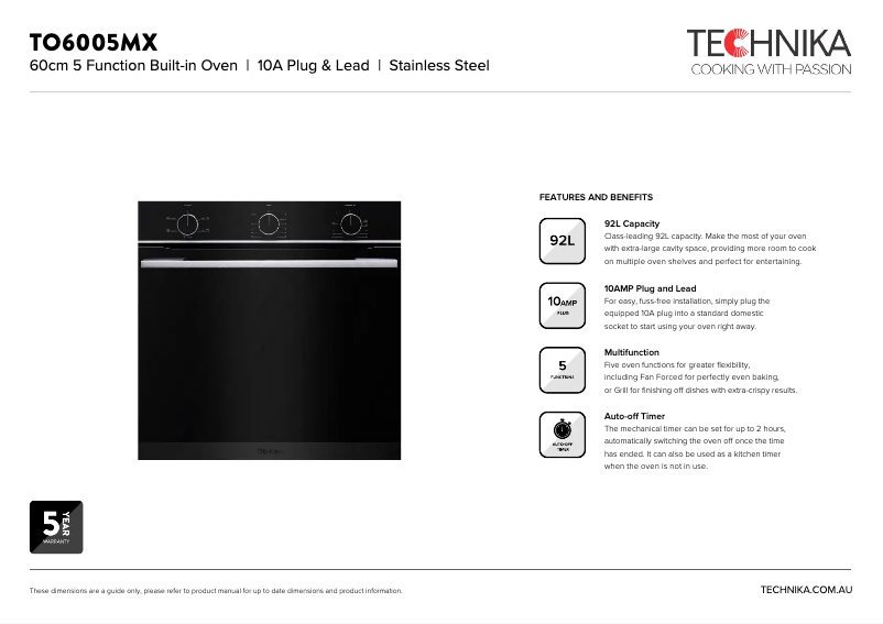 Page 1 de la notice Fiche technique Technika TO6005MX
