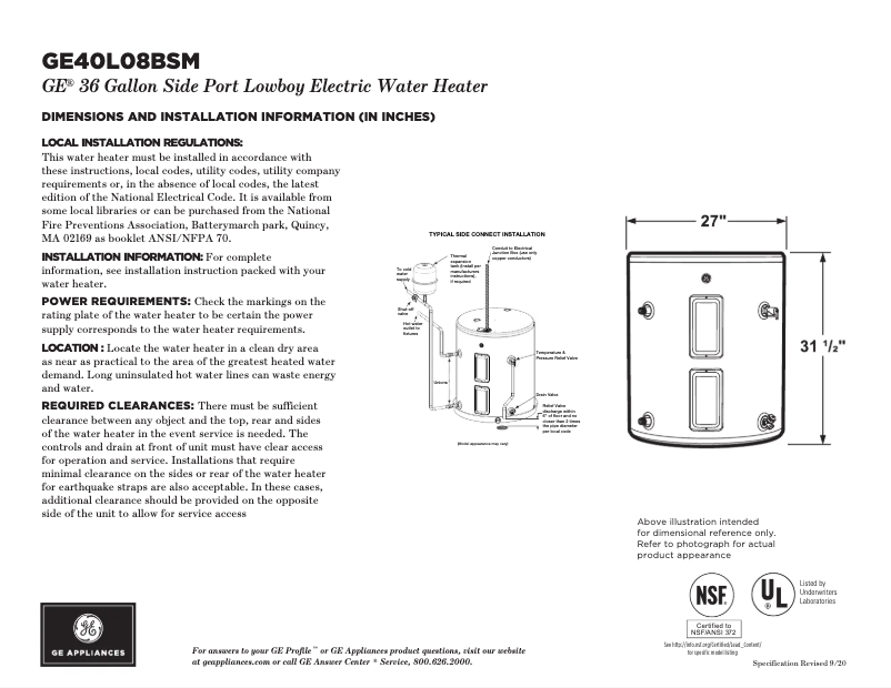 Page 1 de la notice Fiche technique GE GE40L08BSM