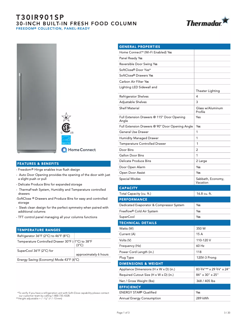 Page n°1 - Fiche technique Thermador T30IR901SP