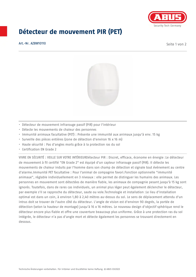 Page n°1 - Fiche technique Abus AZBW10110