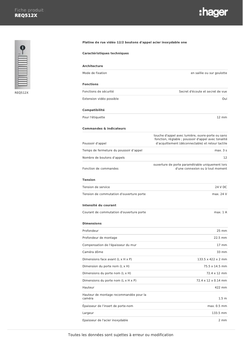 Page n°1 - Fiche technique Elcom REQ512X