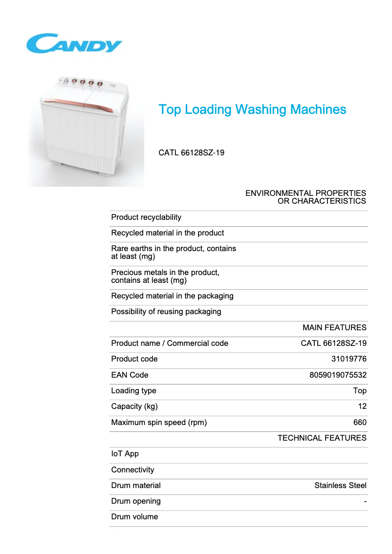 Page 1 de la notice Fiche technique Candy CATL 66128SZ-19