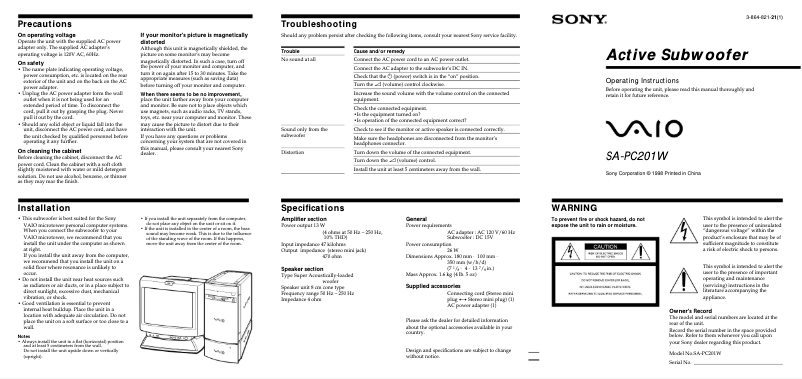 Page 1 de la notice Manuel utilisateur Sony SA-PC201W