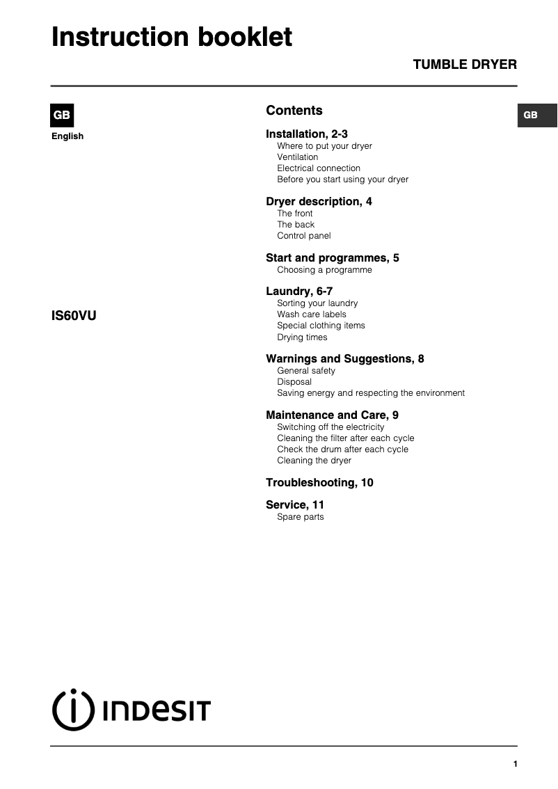 Page 1 de la notice Manuel utilisateur Indesit IS60VU