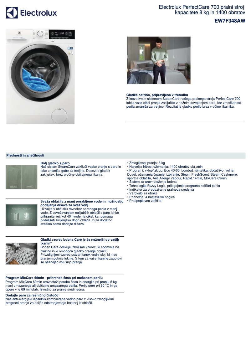 Page n°1 - Fiche technique Electrolux EW7F348AW