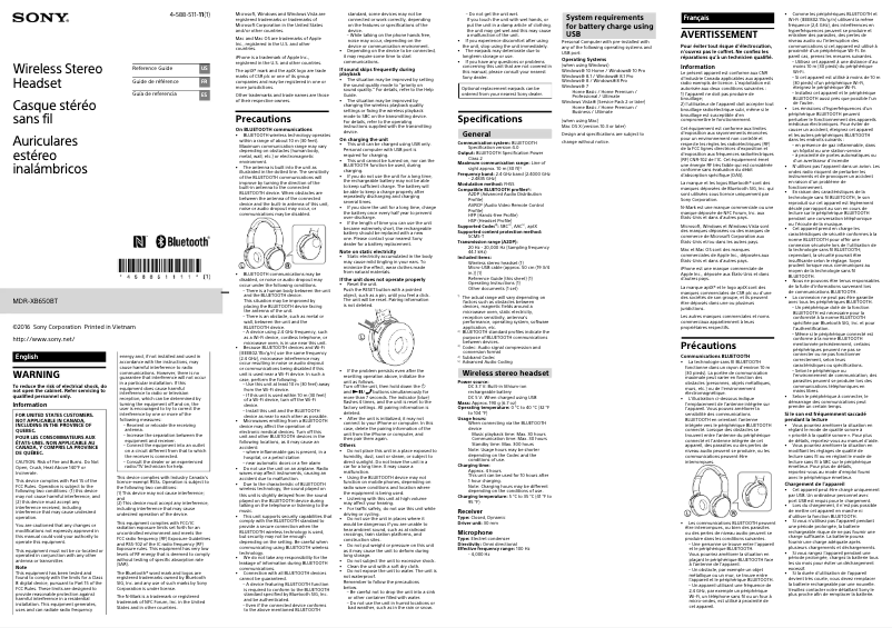 Image de la première page du manuel de l'appareil MDR-XB650BT