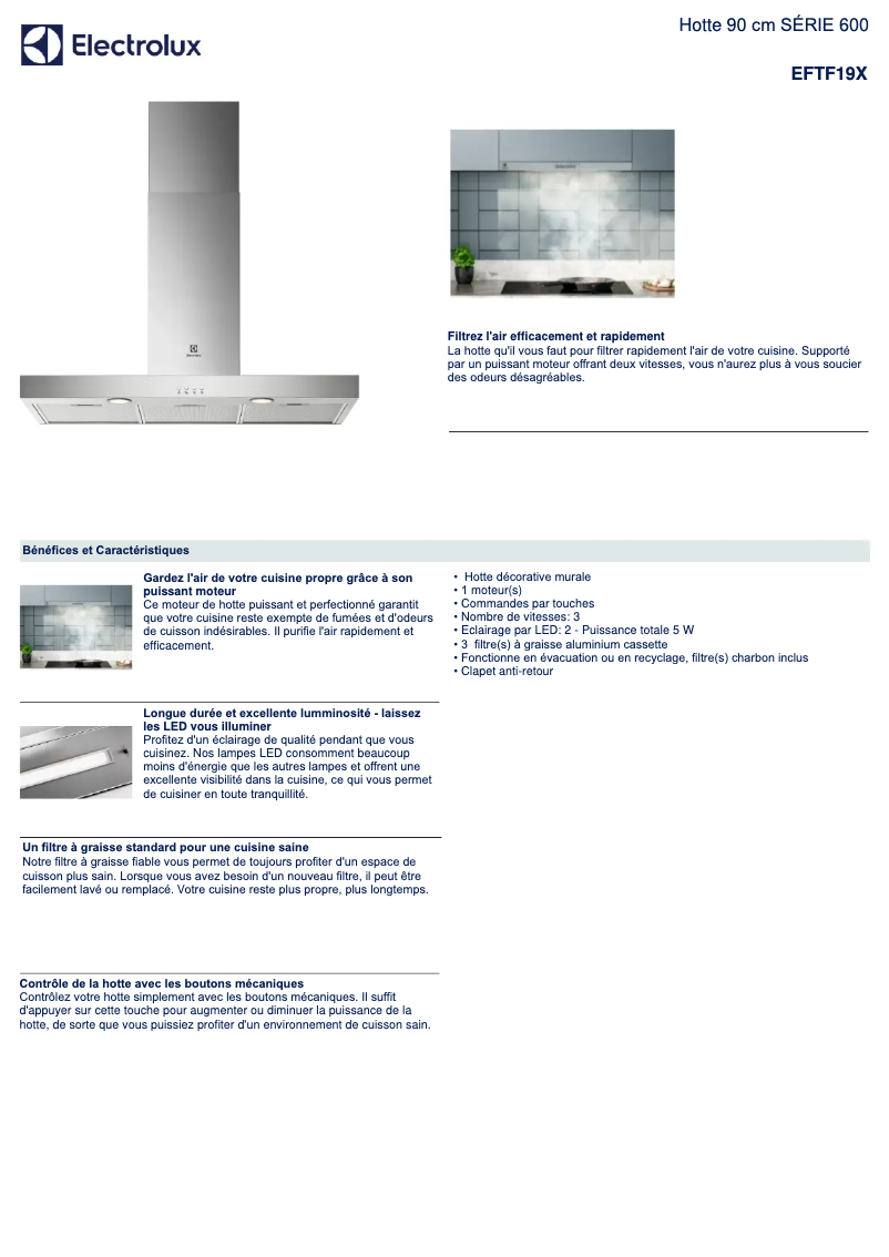 Page 1 de la notice Fiche technique Electrolux EFTF19X